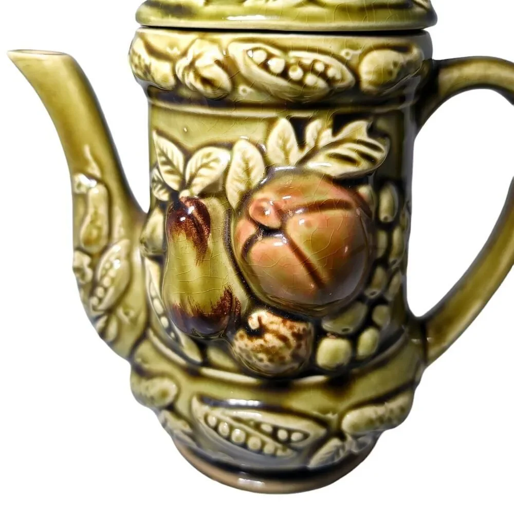 Vintage Ceramic Olive Green Teapot Fruit Veggies Decor Made in Japan‎